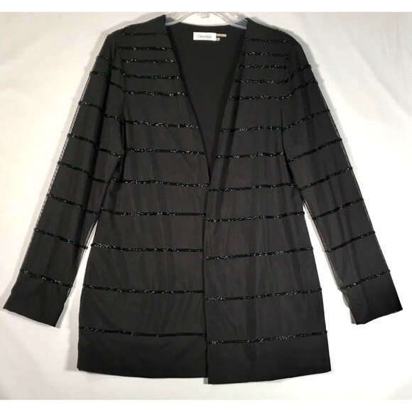 Calvin Klein Womens Large Black Poly Mesh Beaded Line Open Front Coat Cardigan - Picture 1 of 13